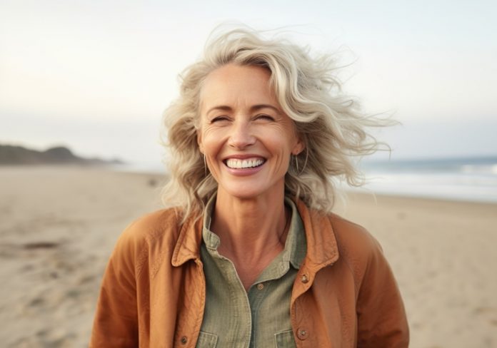 AI generated image of happy mature woman at the beach